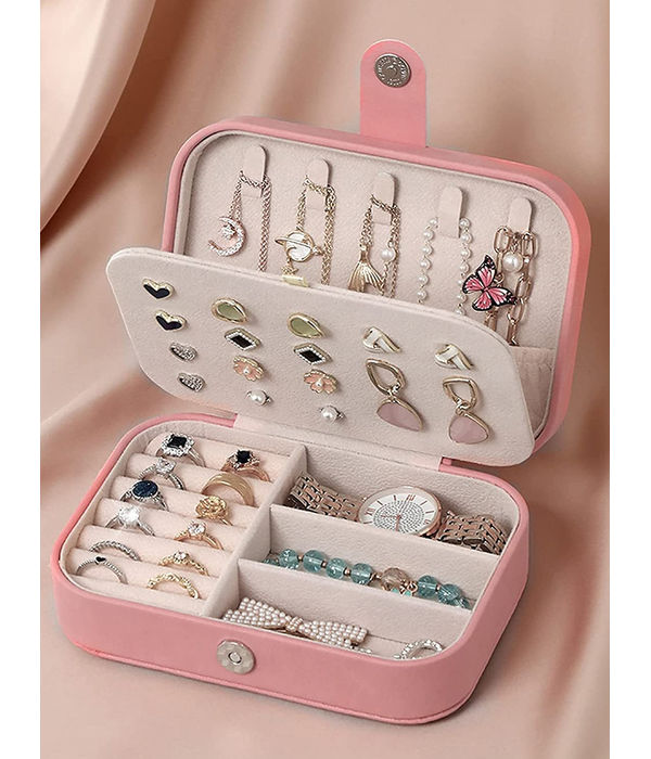 YouBella Jewellery Organiser PU Leather Zipper Portable Storage Box Case with Dividers Container for Rings, Earrings, Necklace Home Organizer, Pink (Style 2)